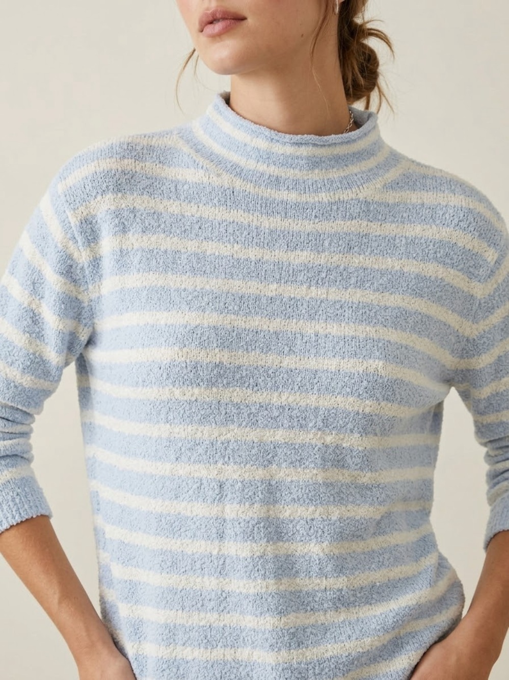 J. Crew Light Blue and White Striped Turtleneck Sweater
